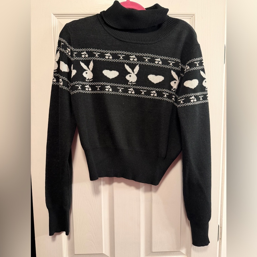 Black and White Playboy Graphic Turtleneck Sweater
